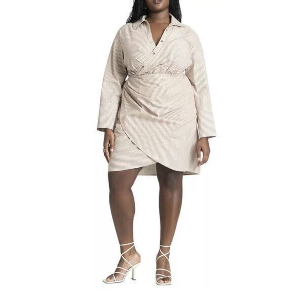 Eloquii Plus Size asymmetrical Striped Shirt Dress brown beige striped size 16
